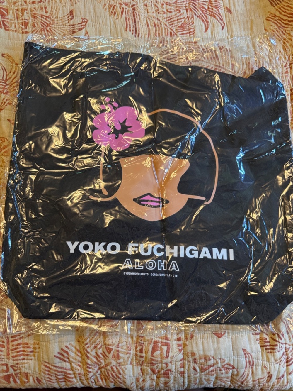 NWT - Yoko Fuchigami Aloha Black Canvas Tote Bag with Pink Flower